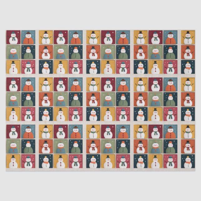 Grid of Cheerful Snowmen in Winter Wear Tissue Paper (Front)