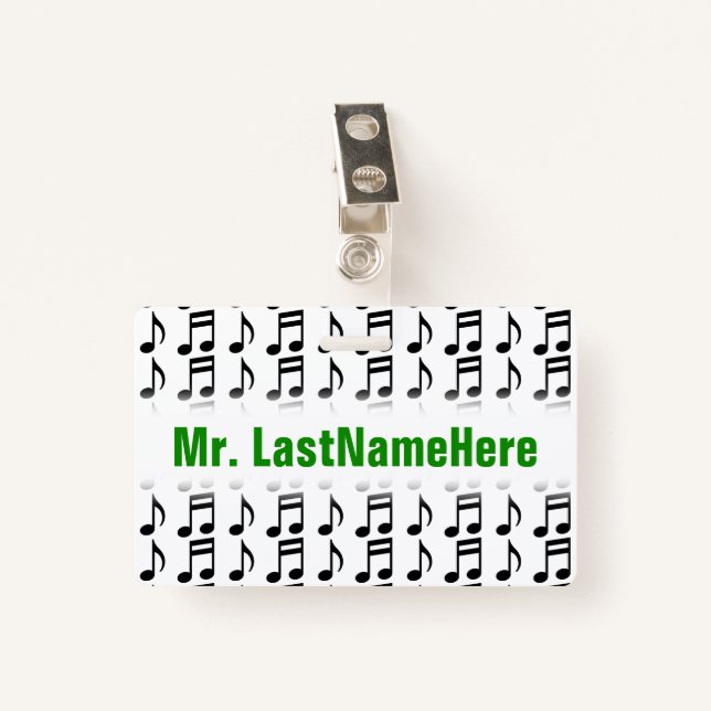 Grid of Musical Notes + Custom Teacher Name Badge ID Badge (Front with Clip)
