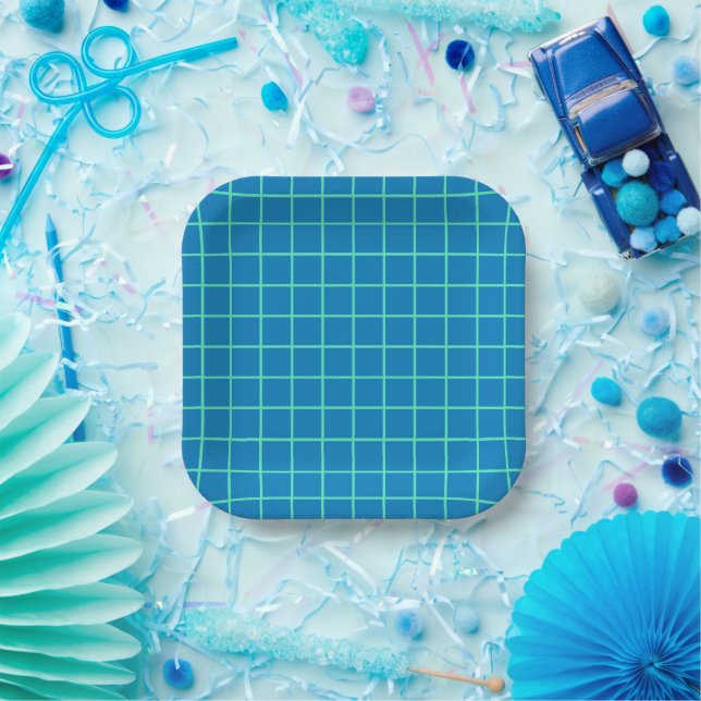 Grid Pattern in Blue and Mint Green Paper Plate (Party)