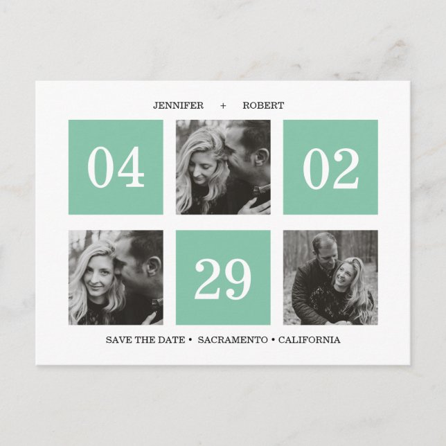 Grid Photo Collage | Emerald | SAVE THE DATE Announcement Postcard (Front)