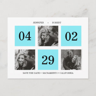 Grid Photo Collage Neon Blue SAVE THE DATE Announcement Postcard