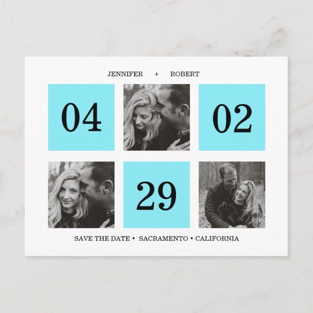 Grid Photo Collage | Neon Blue | SAVE THE DATE Announcement Postcard (Front)