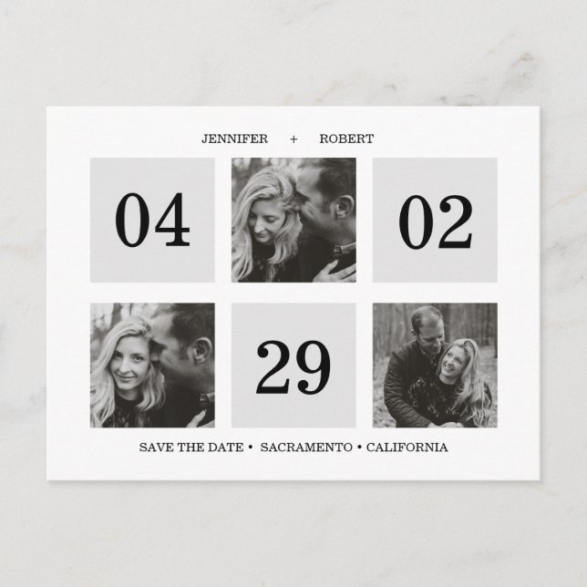 Grid Photo Collage | Silver Grey | SAVE THE DATE Announcement Postcard (Front)
