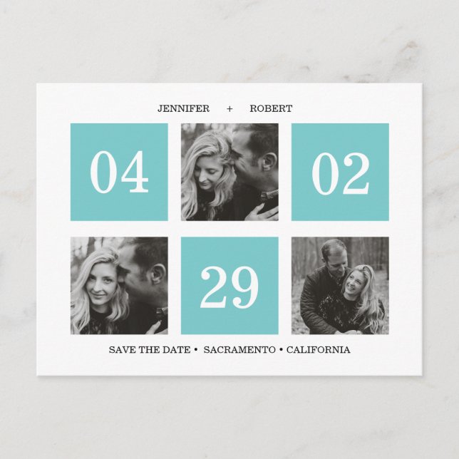 Grid Photo Collage | Turquoise | SAVE THE DATE Announcement Postcard (Front)