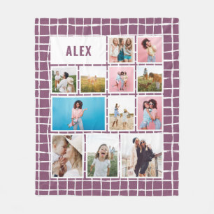 Grid purple white 12 photo modern minimal abstract fleece blanket