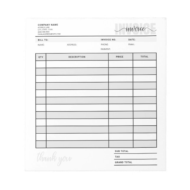 Grid Small Business Invoice Order Sales Receipt Notepad (Front)
