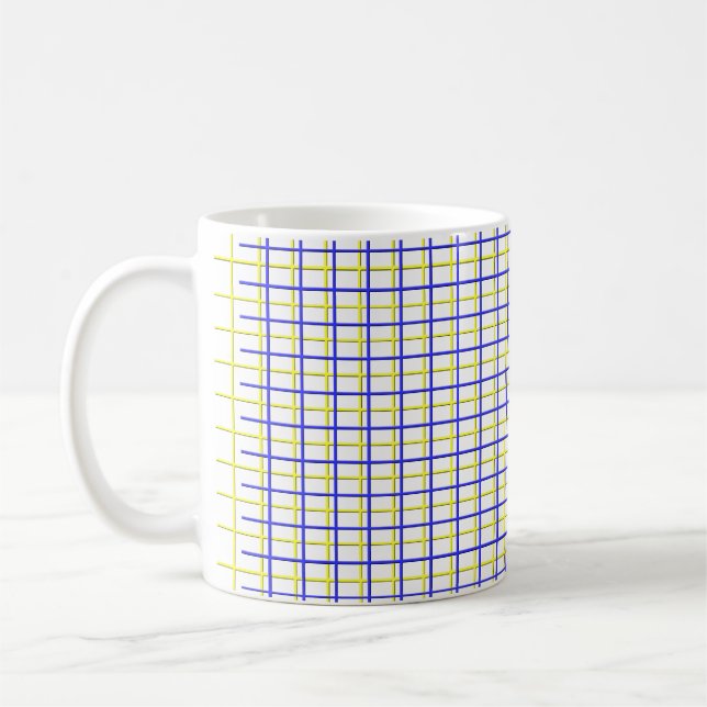 grid yellow, grid blue coffee mug (Left)