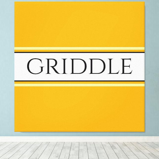 GRIDDLE Bright Golden Yellow White Stripes Text Canvas Print (Insitu(Wood Floor))
