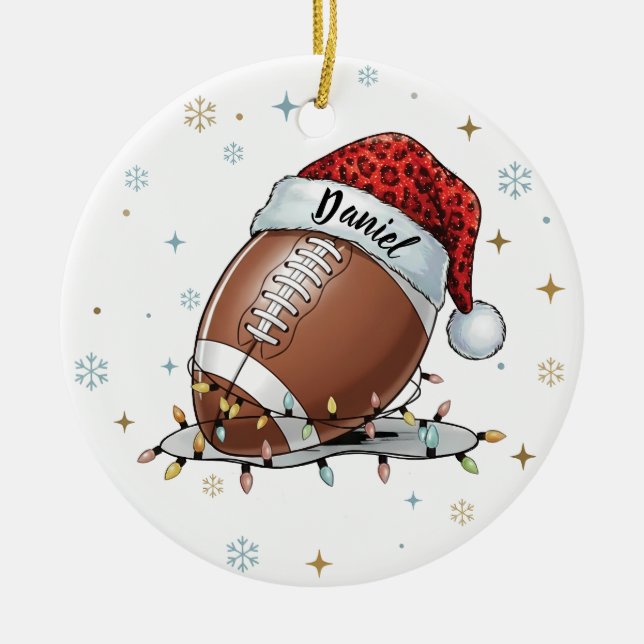 Gridiron Glow: Football with Santa Hat  Ceramic Tree Decoration (Front)