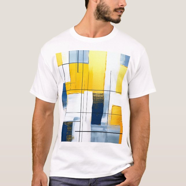 Gridlight Composition — Urban Blocks in Gold & Blu T-Shirt (Front)