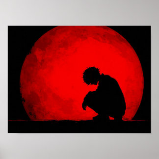 Grieving Man Silhouette Against Textured Red Moon  Poster