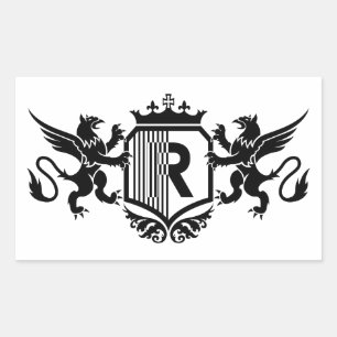 Griffins flanking a shield with the letter "R" Rectangular Sticker