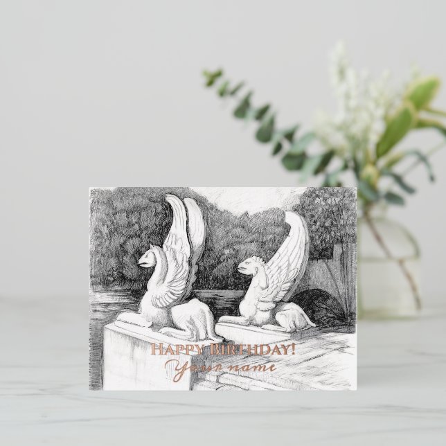 Griffins sculpture monochrome foil holiday postcard (Standing Front)