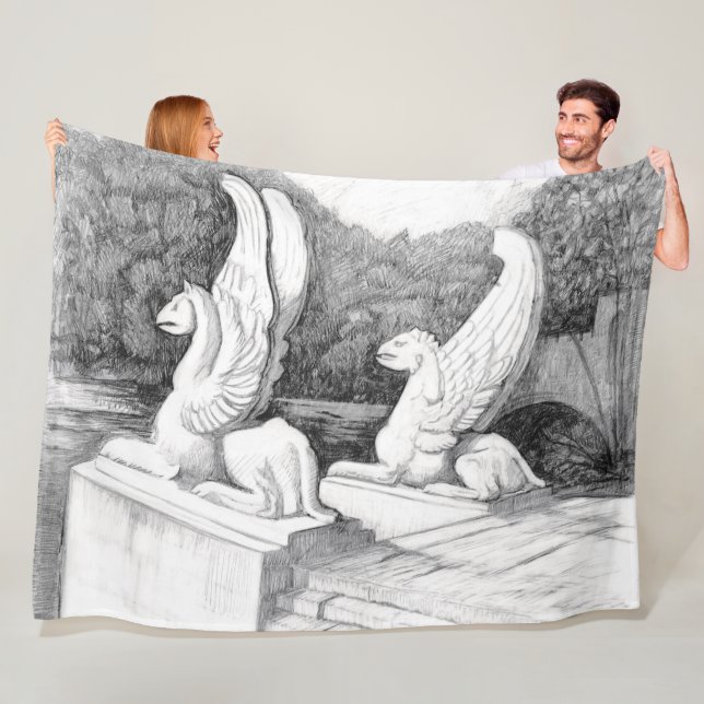 Griffins sculpture monochrome pencil Art Fleece Blanket (In Situ)
