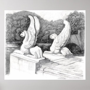 Griffins sculpture monochrome pencil Art Poster