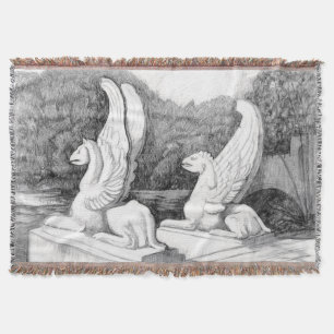 Griffins sculpture monochrome pencil Art Throw Blanket