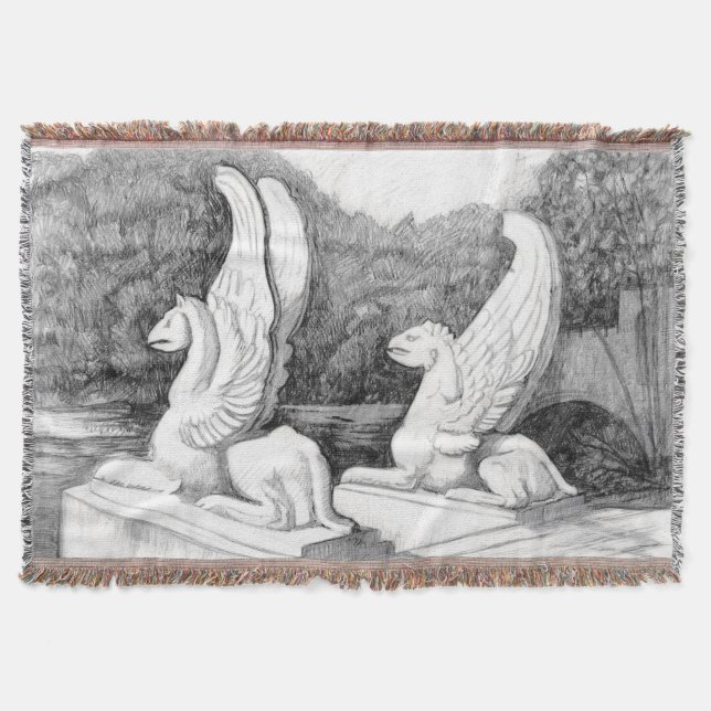 Griffins sculpture monochrome pencil Art Throw Blanket (Front)