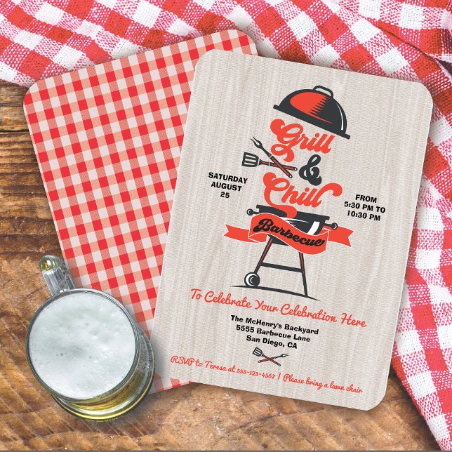 Grill and Chill Woodcut Retro BBQ grill Party Invitation (Creator Uploaded)