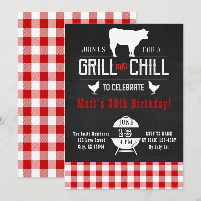 Grill & Chill BBQ BirthdayRustic Chalkboard Invite (Front/Back)
