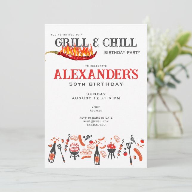 Grill & Chill Cookout BBQ Barbeque Birthday Party Invitation (Standing Front)