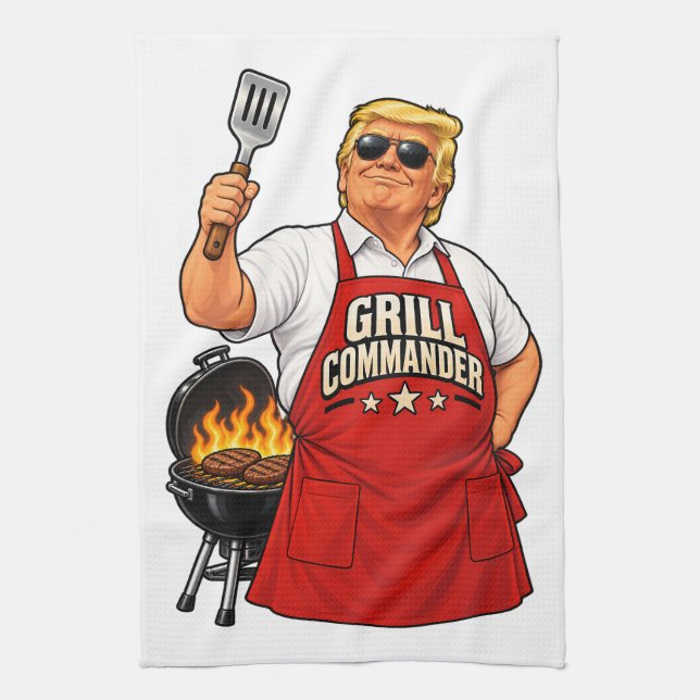 Grill Commander Barbecue Red Apron Tea Towel (Vertical)