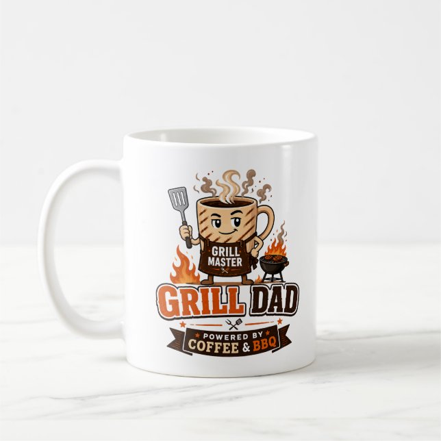 Grill Dad Powered By Coffee And BBQ Funny Dad Mug (Left)
