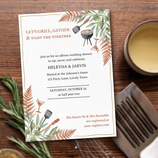 Grill Gather Toast Martini Wedding Shower Invitation (Simple Grill & Gather invite - from Couples Shower Invitation collection by Darling & May)