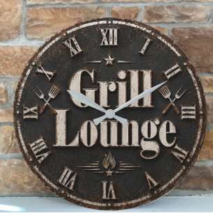 Grill Lounge Rustic BBQ Man Cave Grill Master Gift Large Clock