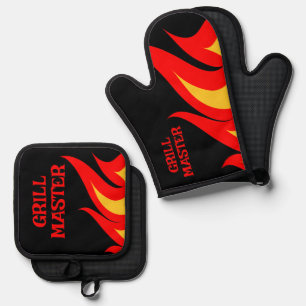 Grill Master BBQ fire flames personalised Oven Mitt & Pot Holder Set