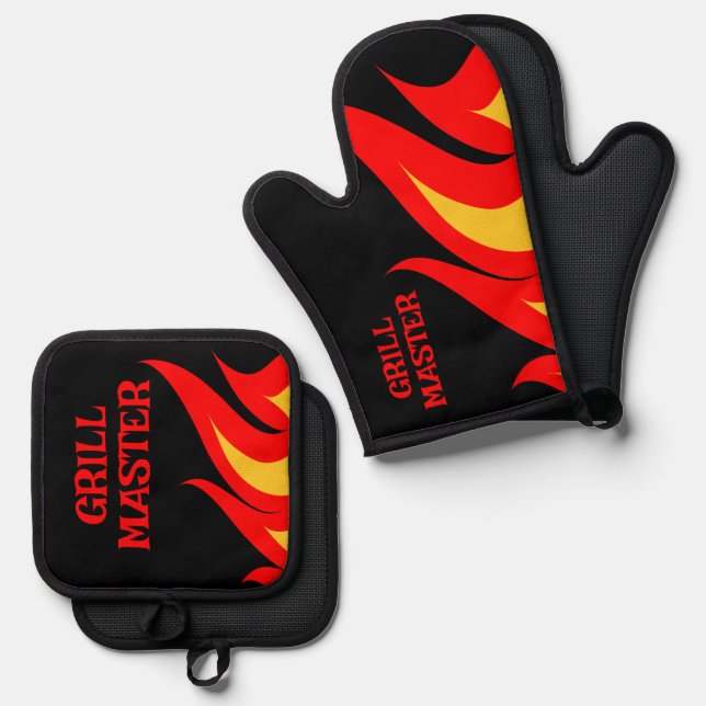 Grill Master BBQ fire flames personalised Oven Mitt & Pot Holder Set (Front/Back)