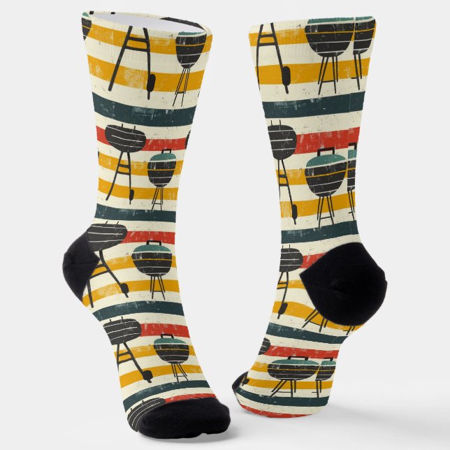 Grill Master - BBQ Party Striped Retro Pattern Socks (Angled)