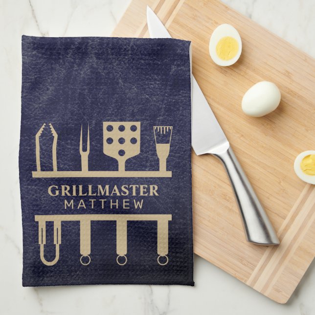 Grill master classic navy leather BBQ tools name Tea Towel (Quarter Fold)