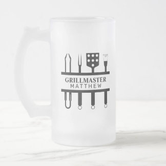 Grill master name fathers day frosted glass beer mug