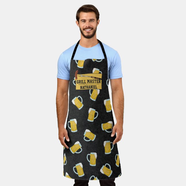 Grill Master Yellow Black Watercolor Beer Steins Apron (Worn)