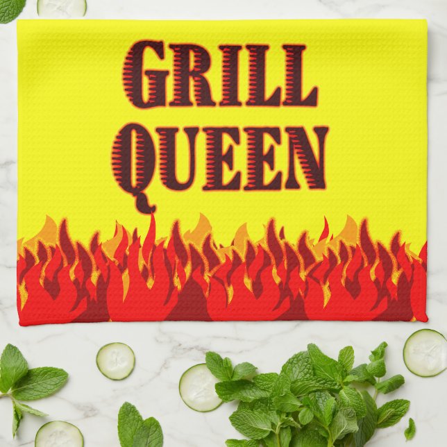 Grill Queen Red Flames BBQ Yellow Kitchen Towel (Folded)