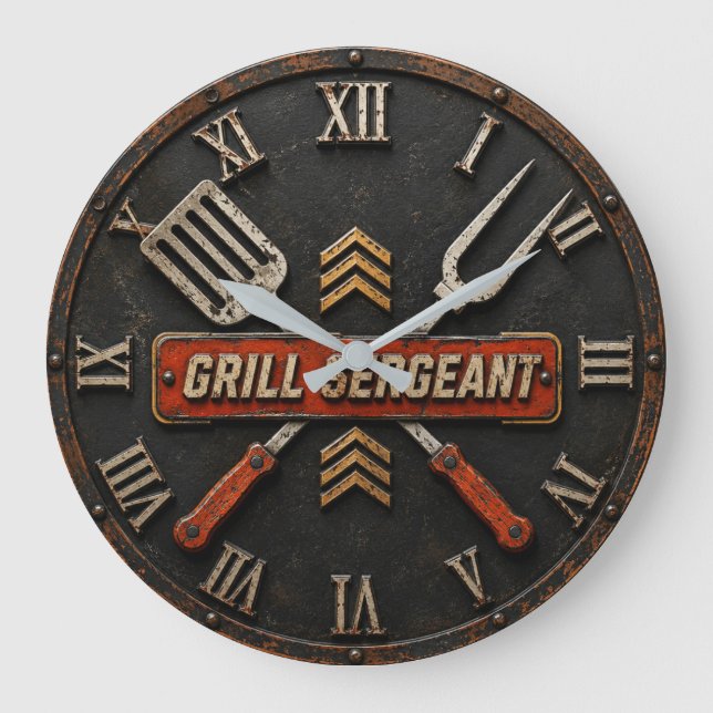 Grill Sergeant Funny BBQ Grill Master Man Cave  Large Clock (Front)