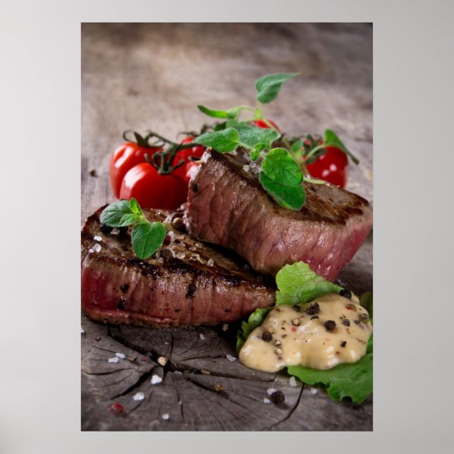 Grilled bbq steaks with fresh herbs and tomatoes poster (Front)
