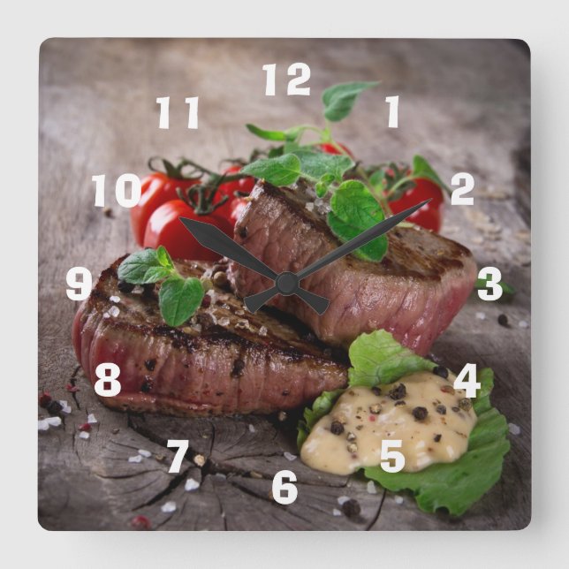 Grilled bbq steaks with fresh herbs and tomatoes square wall clock (Front)