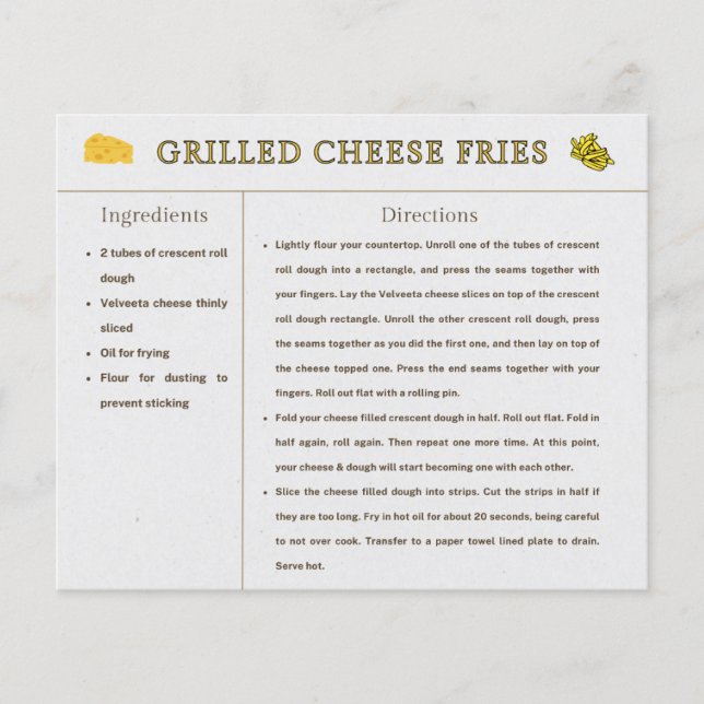 Grilled Cheese Fries Recipe Card Thanksgiving Food (Front)