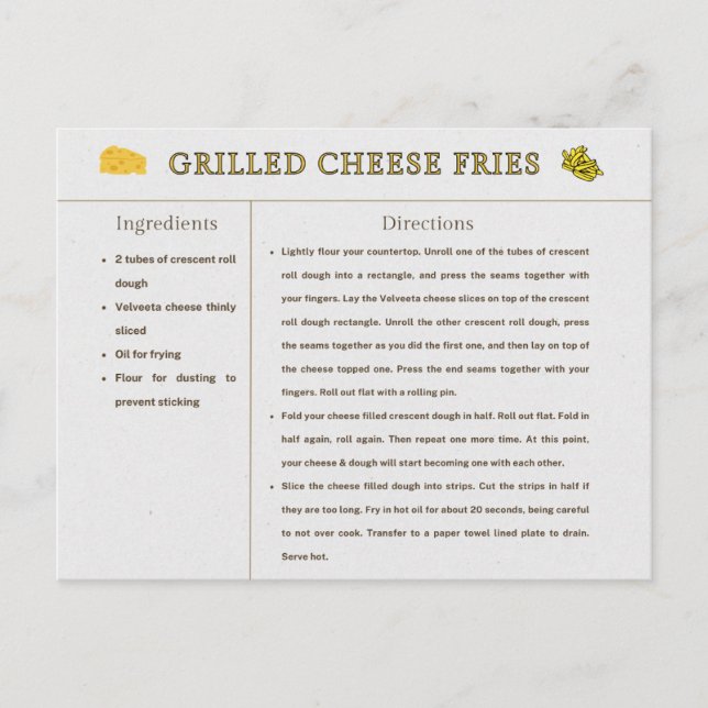 Grilled Cheese Fries Recipe Card Thanksgiving Food (Front)