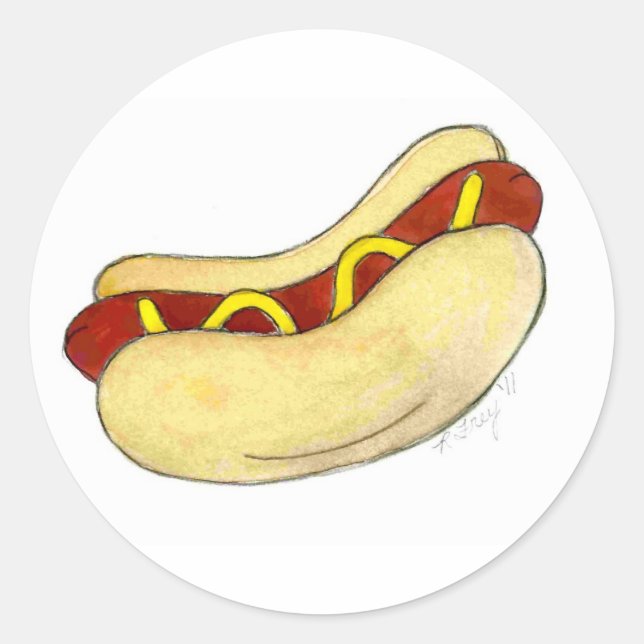 Grilled Fast Food Hot Dog Mustard Relish on Bun Classic Round Sticker (Front)