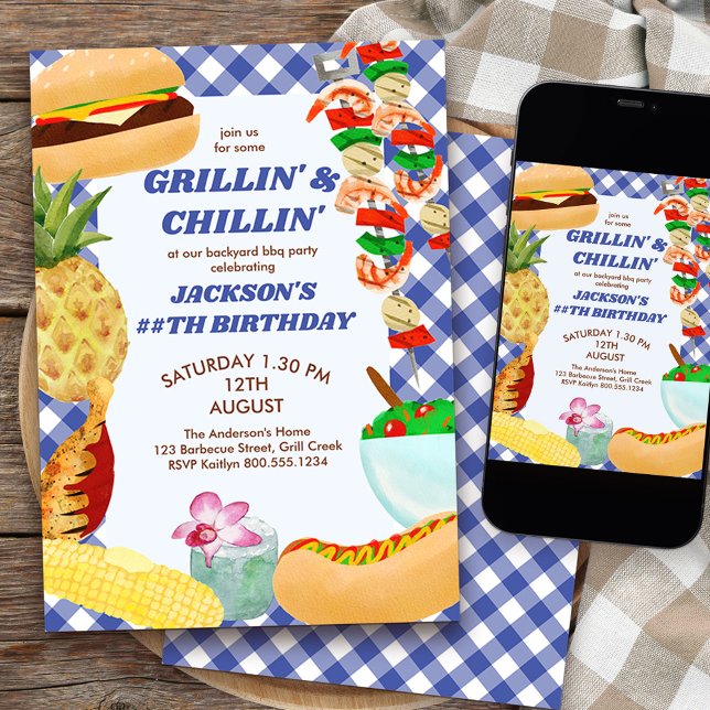 Grillin and Chillin BBQ Birthday Party Invitation (grillin' & chillin' boys birthday invitation)