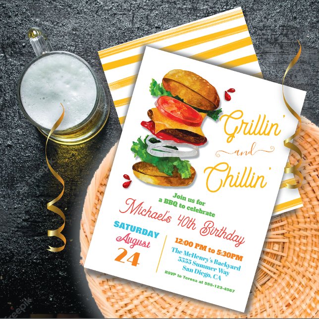 Grillin and Chillin BBQ Hamburger Birthday Invitation (Creator Uploaded)