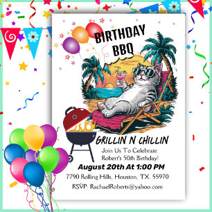 Grillin And Chillin Birthday Barbecue Cat Invitation