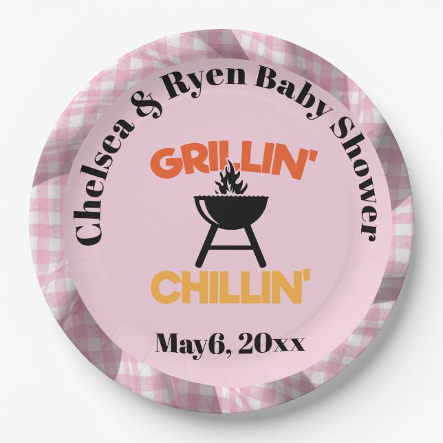 Grillin&chillin Baby q Gingham baby shower  Paper Plate (Front)