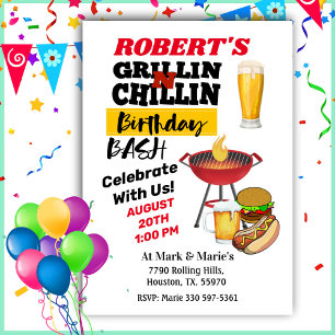 Grillin’ & Chillin’ BBQ Birthday Beer, Burgers  Invitation