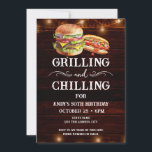 Grilling and Chilling BBQ 50th Birthday Invitation<br><div class="desc">Grilling and Chilling Birthday Invitations. Easy to personalise. All text is adjustable and easy to change for your own party needs. String lights rustic background elements. Fun Chalkboard swirls and flourishes. Watercolor hamburger and hotdog graphics. Invitations for him. Bar or backyard BBQ birthday design. Any age, just change the text....</div>