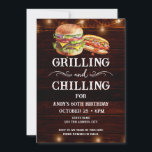 Grilling and Chilling BBQ 60th Birthday Invitation<br><div class="desc">Grilling and Chilling Birthday Invitations. Easy to personalise. All text is adjustable and easy to change for your own party needs. String lights rustic background elements. Fun Chalkboard swirls and flourishes. Watercolor hamburger and hotdog graphics. Invitations for him. Bar or backyard BBQ birthday design. Any age, just change the text....</div>