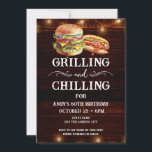 Grilling and Chilling BBQ 60th Birthday Invitation<br><div class="desc">Grilling and Chilling Birthday Invitations. Easy to personalise. All text is adjustable and easy to change for your own party needs. String lights rustic background elements. Fun Chalkboard swirls and flourishes. Watercolor hamburger and hotdog graphics. Invitations for him. Bar or backyard BBQ birthday design. Any age, just change the text....</div>