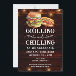 Grilling and Chilling BBQ 90th Birthday Invitation<br><div class="desc">Grilling and Chilling Birthday Invitations. Easy to personalise. All text is adjustable and easy to change for your own party needs. String lights rustic background elements. Fun Chalkboard swirls and flourishes. Watercolor hamburger and hotdog graphics. Invitations for him. Bar or backyard BBQ birthday design. Any age, just change the text....</div>